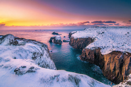 cornish coast covered in snow at winter